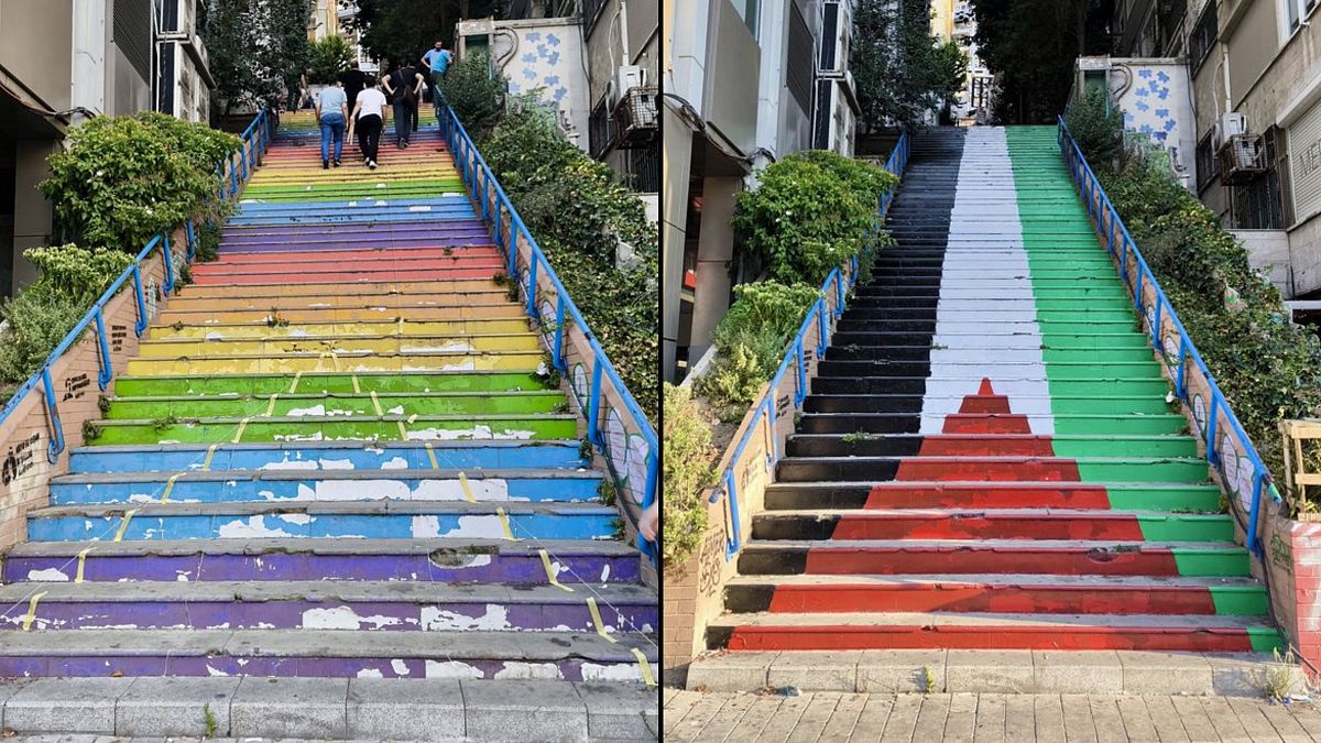 Cihangir'in rengarenk merdivenlerinin "basamaksız kısmı" Filistin bayrağı renklerine boyandı