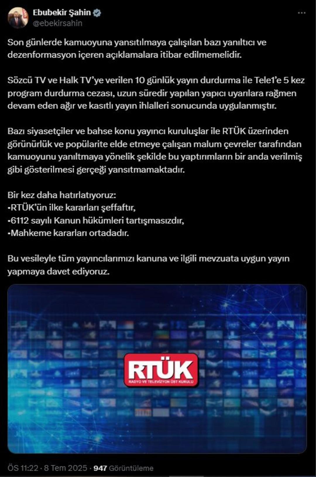 RTUK Başkanı Ebubekir Şahin 'Halk TV ve Söncü TV Deklarasyonu!  